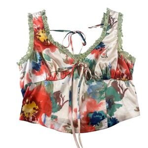 Daughter of Zion Floral Satin Lace Trim Crop Top Smocked Back BRT2608 Small